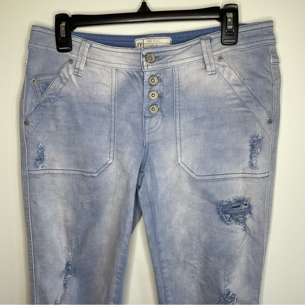 Free People Solid Blue Mountaineer Relaxed Fit Button Fly Distressed Denim Jeans - Picture 6 of 11